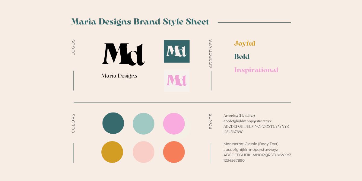 maria designs style tile with brand typography, colors, logo and adjectives